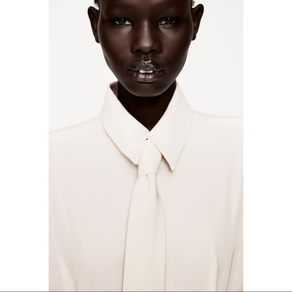 ZARA Limited Edition Tailored Layered Ecru Cream Corporate Midi Shirt Dress Tie - Picture 8 of 16